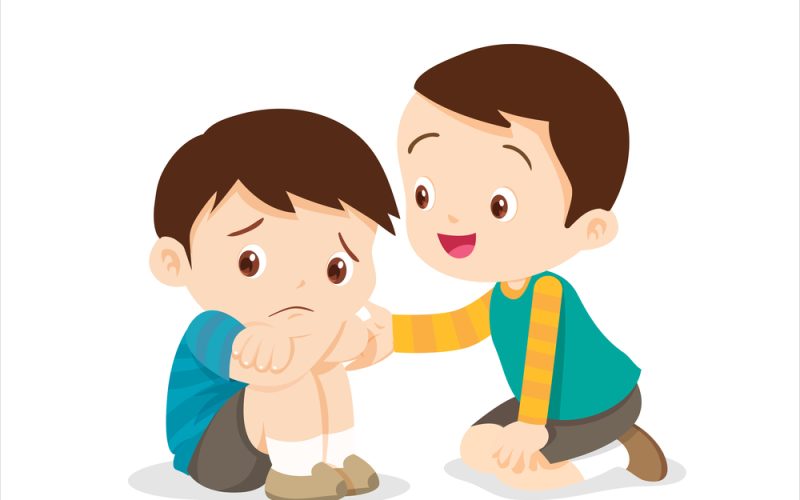 Sad children.boy Comforting His sadly Friend.Children Consoling sadly isolate background